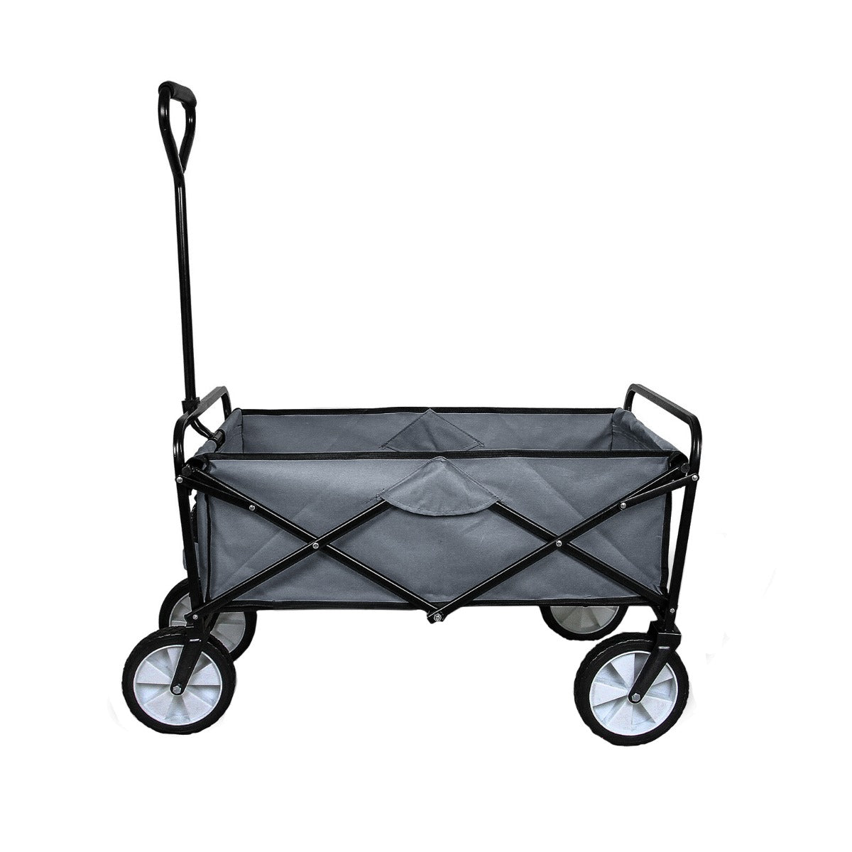 Carrello per giardinaggio pieghevole grigio con struttura nera, ruote robuste e manico ergonomico per un facile trasporto