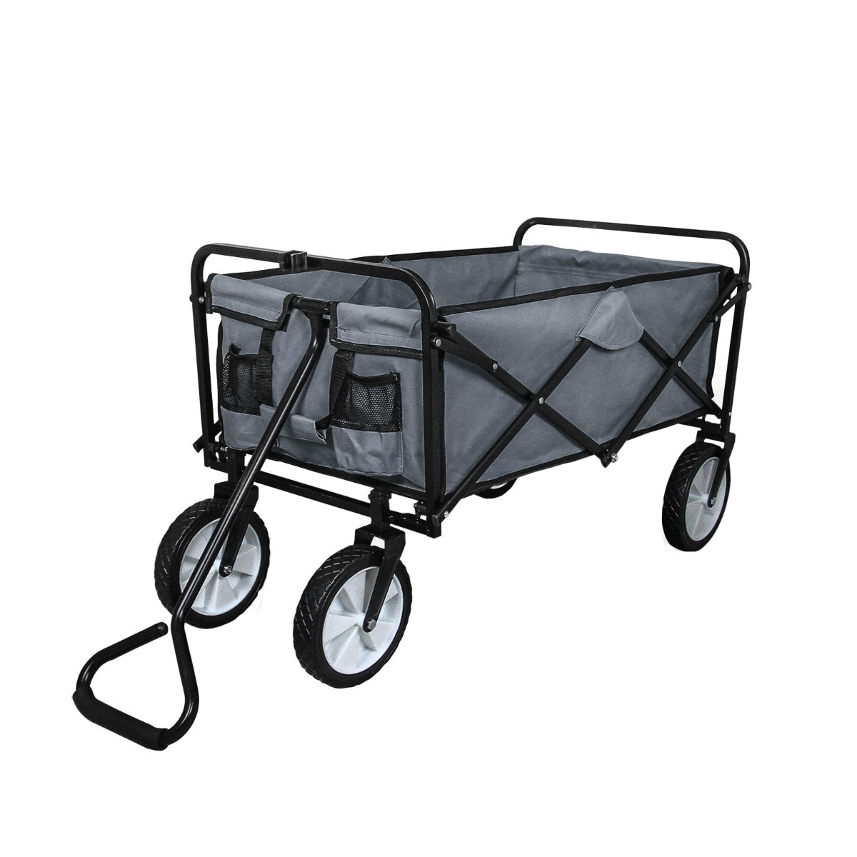 Carrello per giardinaggio pieghevole grigio con struttura in metallo, ruote robuste e tasche laterali per attrezzi e accessori