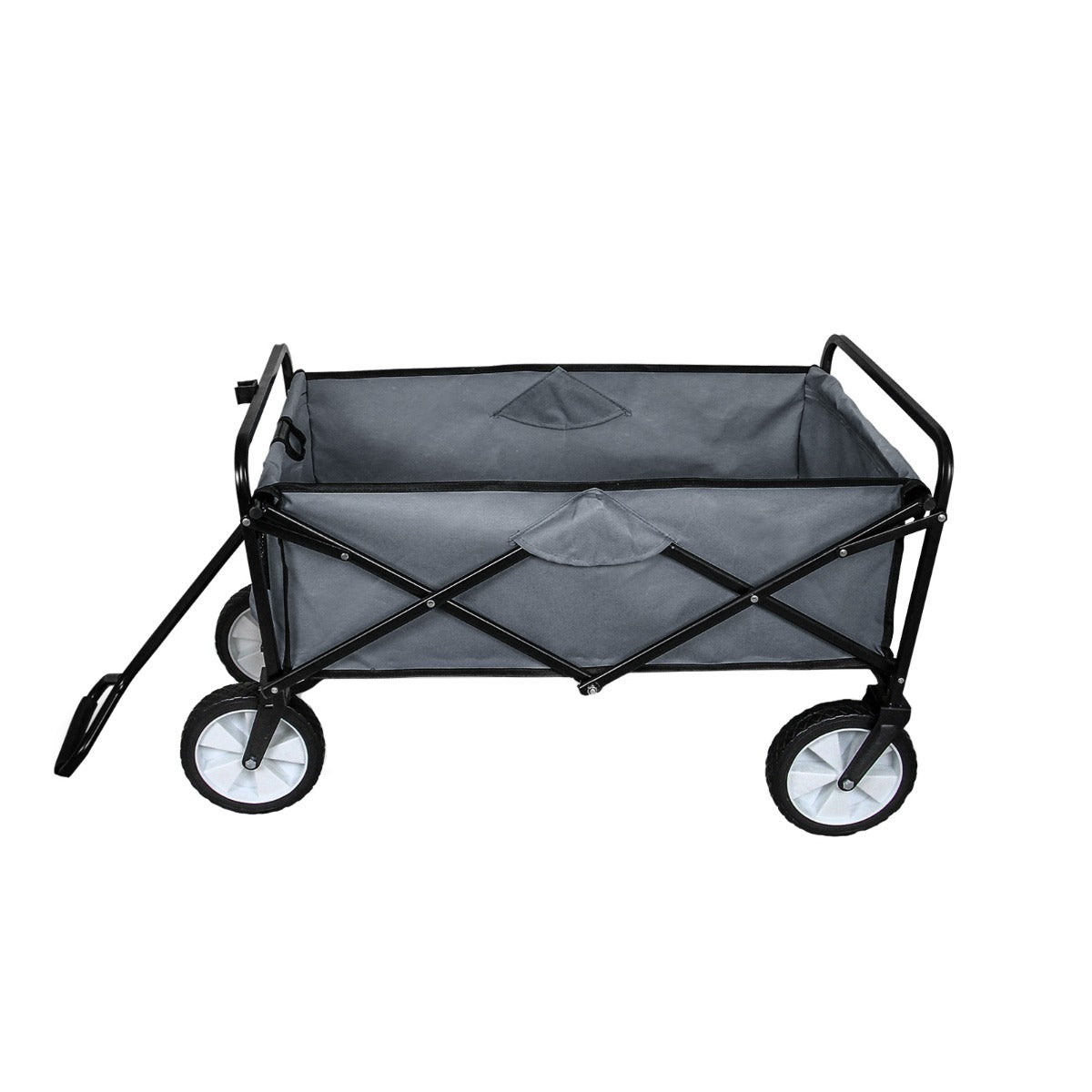 Carrello pieghevole per giardinaggio grigio, con struttura in metallo nero e ruote robuste, ideale per trasportare attrezzi e piante