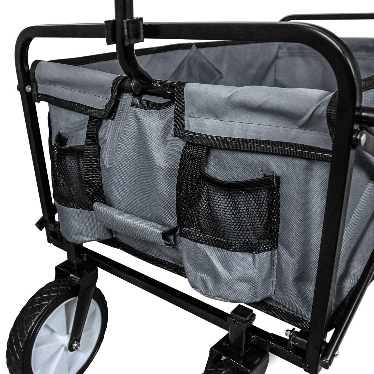 Carrello per giardinaggio pieghevole grigio con struttura in metallo, ruote robuste e tasche in rete per attrezzi e accessori