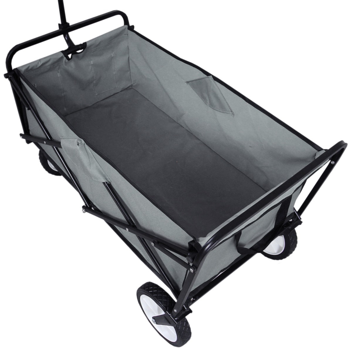 Carrello per giardinaggio pieghevole grigio con struttura in metallo nero, ruote robuste e interno spazioso in tessuto resistente