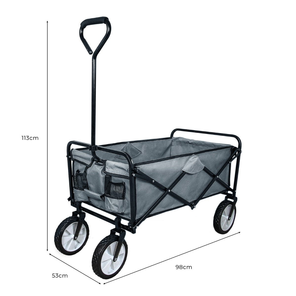 Carrello per giardinaggio pieghevole grigio con ruote bianche, manico ergonomico e tasche laterali per attrezzi, misura 98x53x113 cm