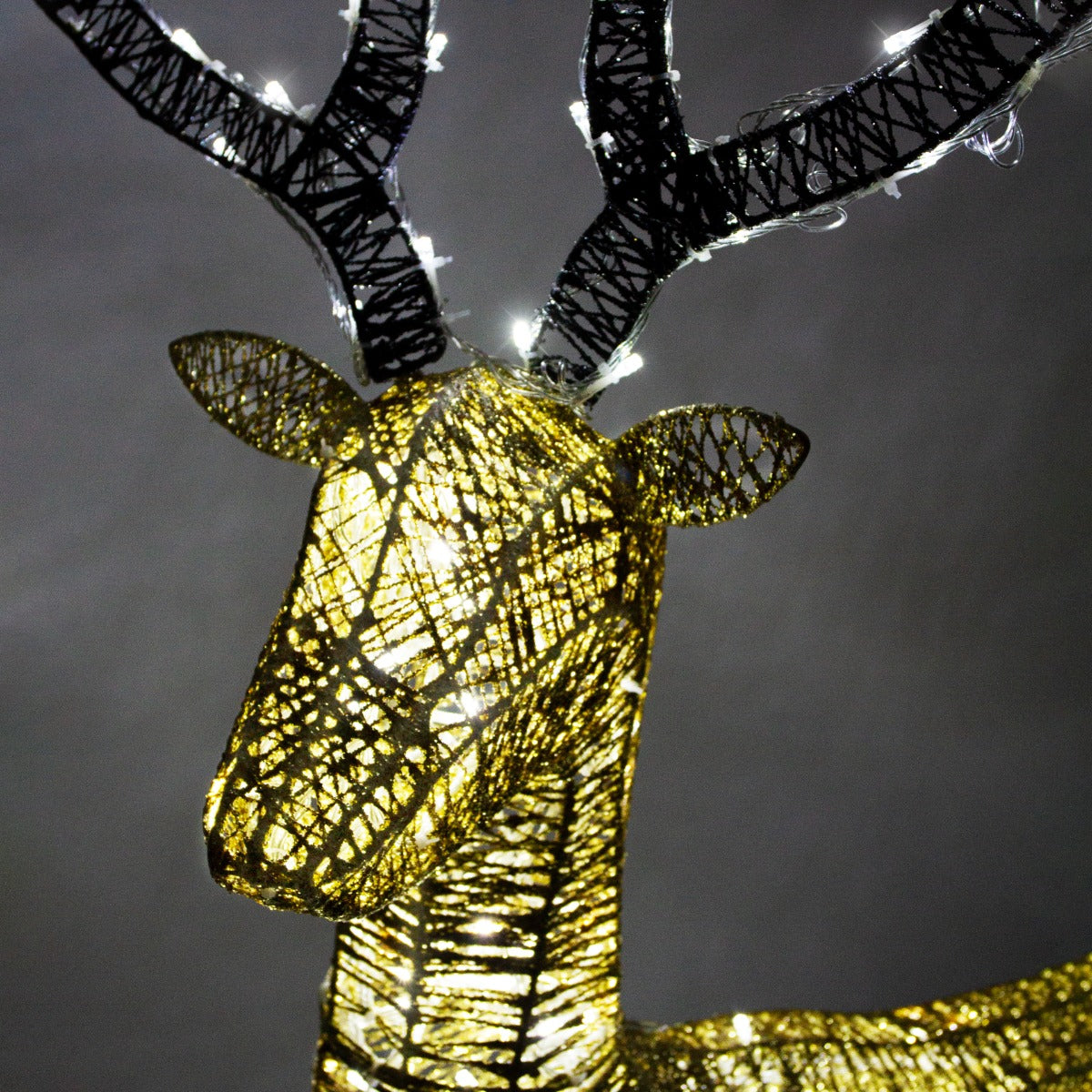 Renna di Natale maschio luminosa in oro con dettagli neri, decorata con luci bianche, dal design elegante e festivo