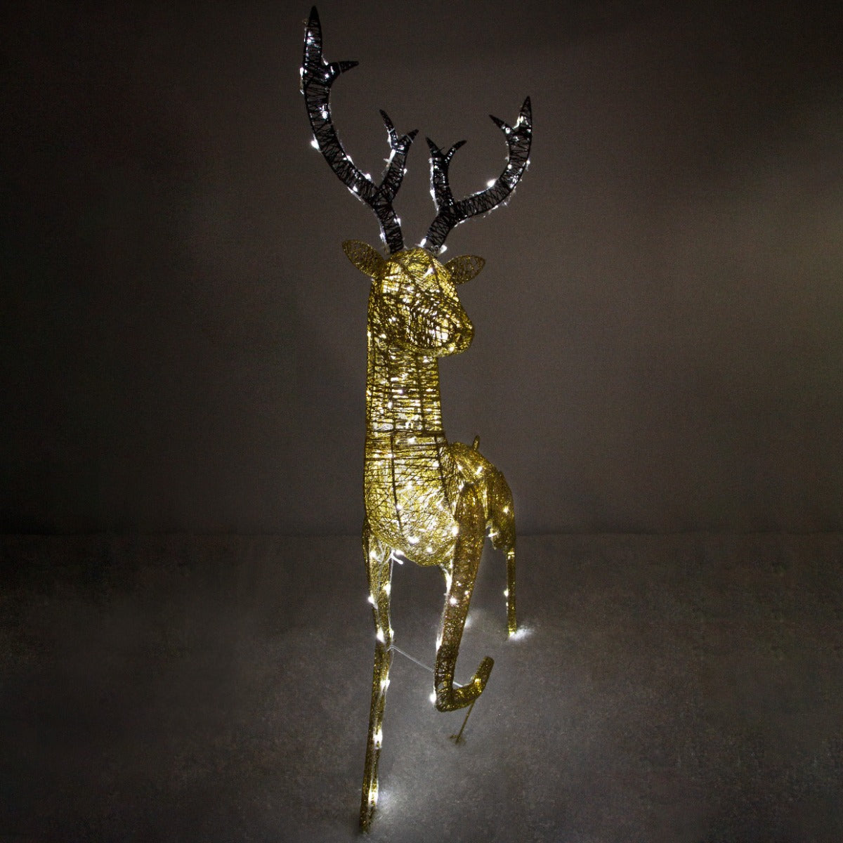 Renna di Natale luminosa maschio in oro con corna nere, rifinita con luci LED, perfetta per decorazioni festive eleganti