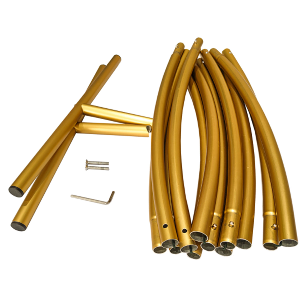 Arco decorativo dorato per matrimoni, composto da tubi metallici curvi, finitura lucida e resistente, facile da montare