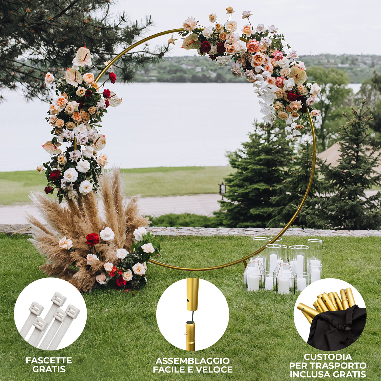 Arco decorativo dorato per matrimoni, adornato con fiori colorati, piante verdi e decorazioni eleganti, ideale per cerimonie romantiche