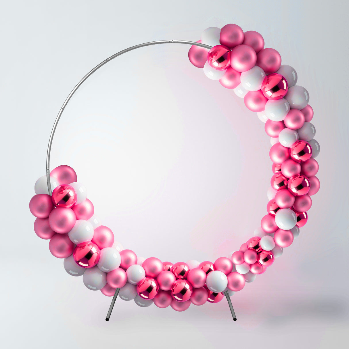 Arco decorativo per matrimoni in argento, decorato con palloncini rosa e bianchi, elegante e moderno, perfetto per cerimonie
