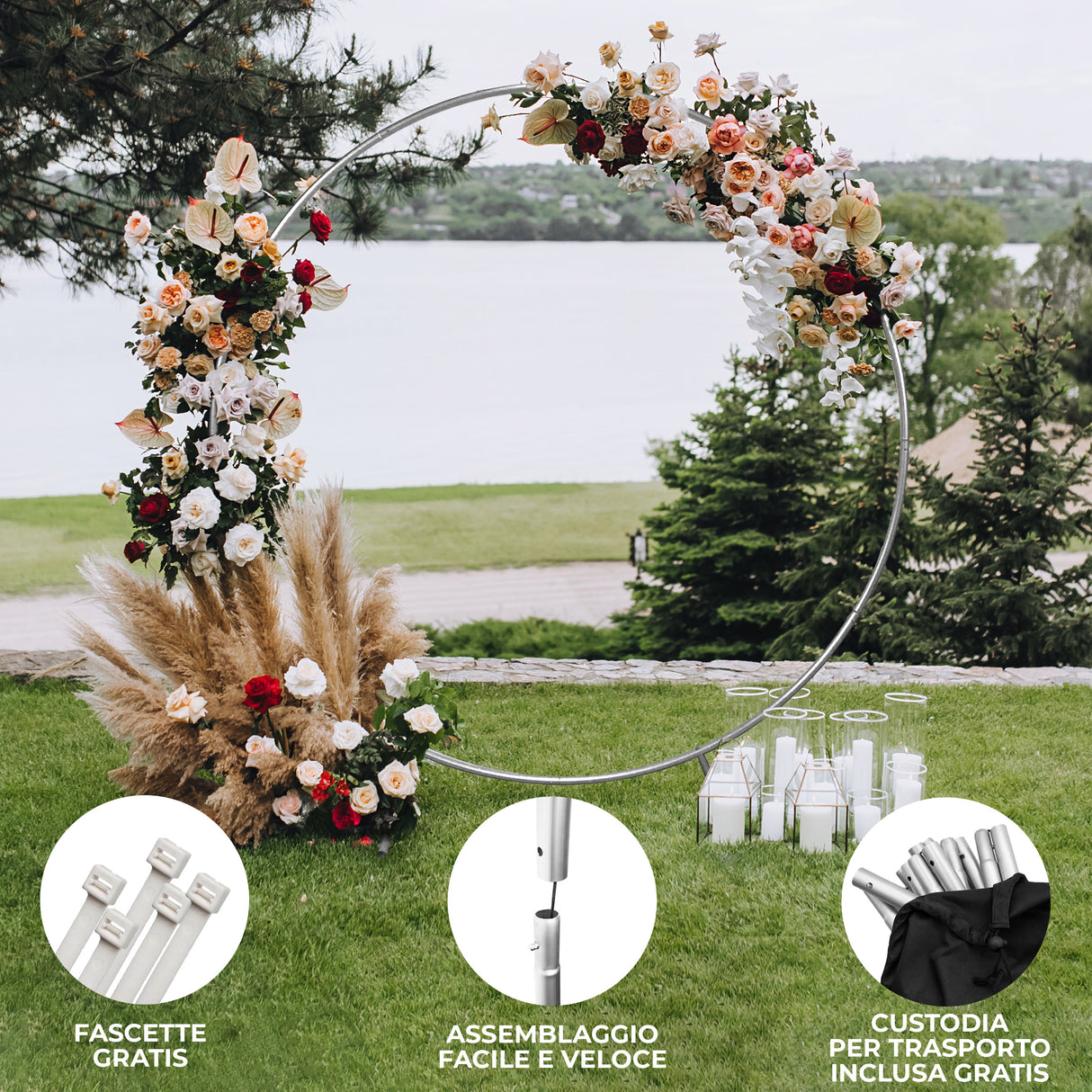 Arco decorativo per matrimoni in argento, adornato con fiori colorati e spighe di grano, ideale per cerimonie all'aperto
