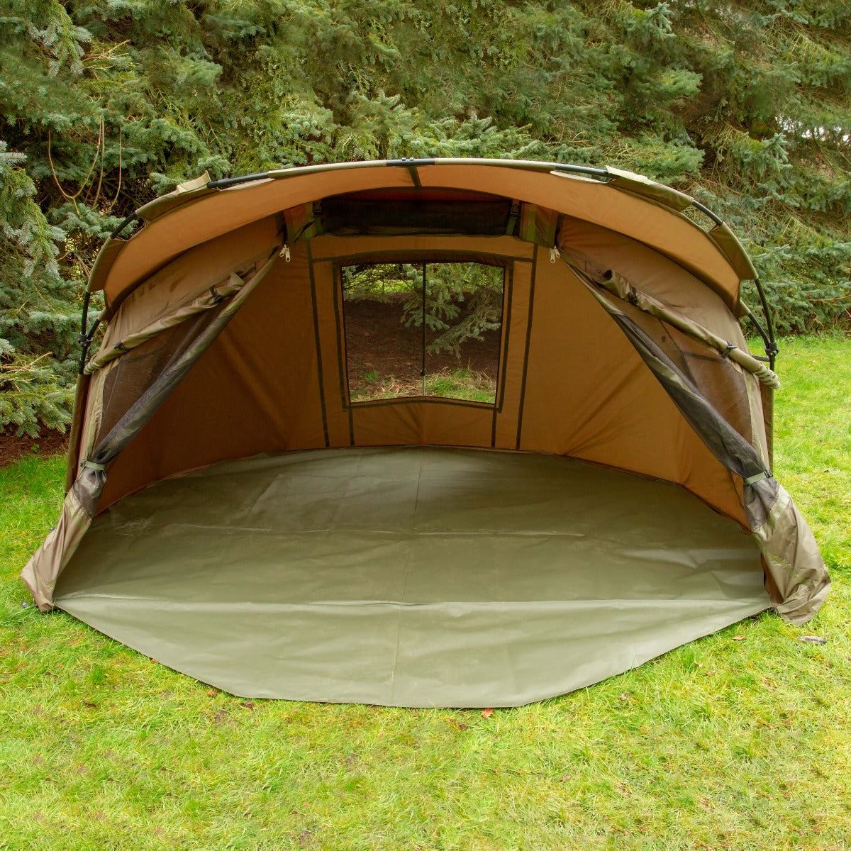 Tenda bivvy da pesca per 2 persone, 3x3 m, con struttura robusta, tessuto verde e finestre laterali per una buona ventilazione
