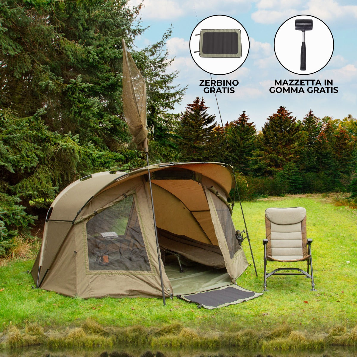 Tenda bivvy da pesca per 2 persone, color verde oliva, con finestre in rete e accessori gratuiti, posizionata su erba verde