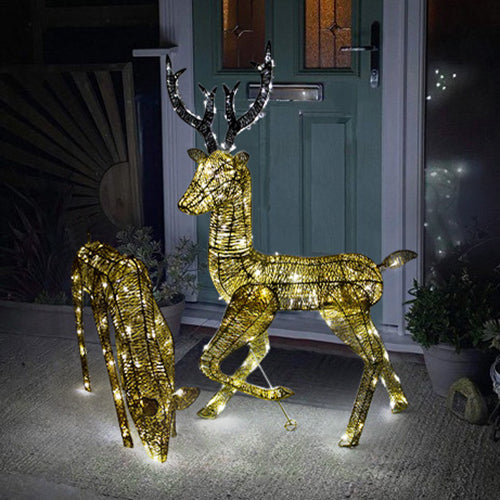 Renna di Natale luminosa maschio e femmina, decorata con luci bianche, in metallo dorato, posizionata davanti a una porta verde