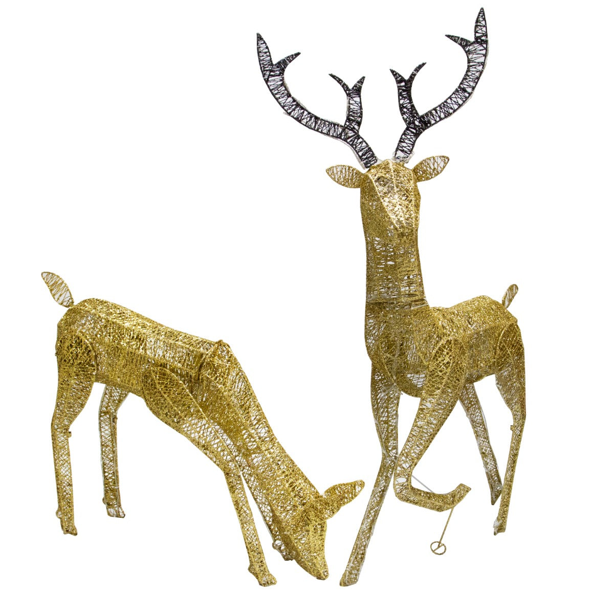 Renna di Natale luminosa in oro, maschio e femmina, con dettagli intrecciati e corna nere, perfetta per decorazioni festive