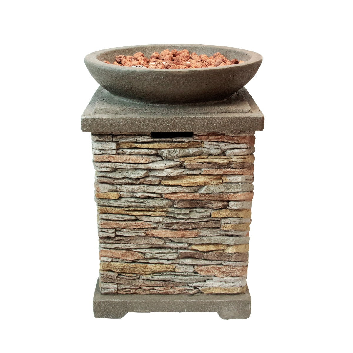 Braciere a gas in pietra con base in pietra naturale, ciottoli decorativi e ciotola rotonda grigia per un design elegante e moderno