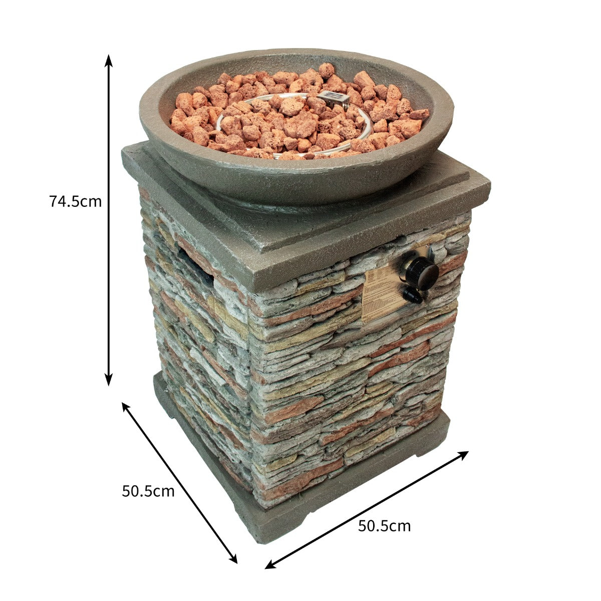 Braciere a gas in pietra con base in pietra naturale, ciottoli decorativi e finitura grigia, ideale per giardini e terrazze