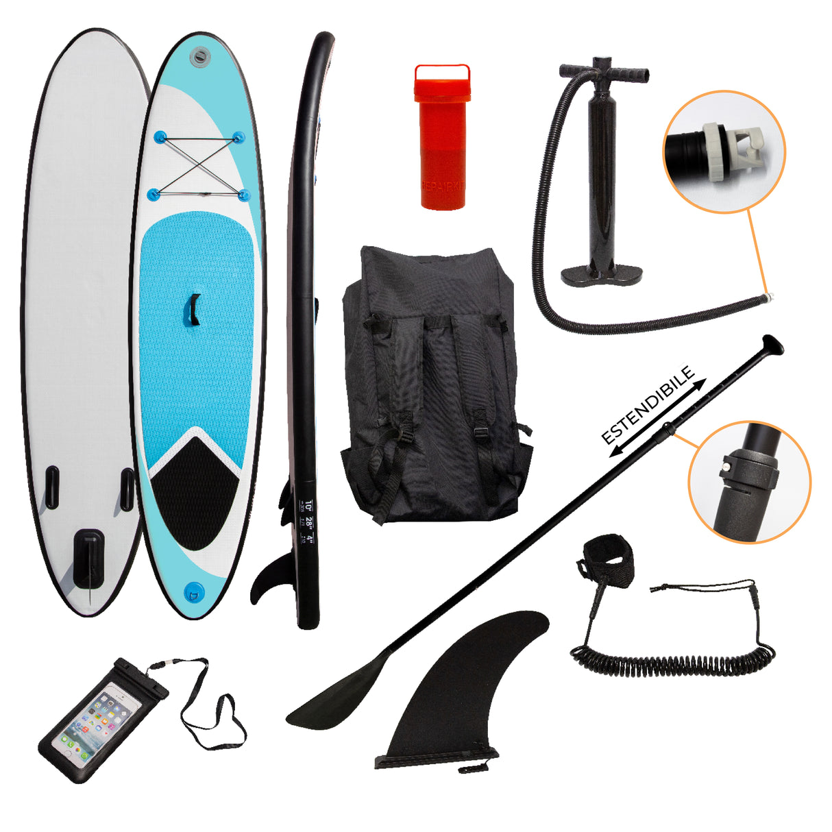 Tavola da surf SUP gonfiabile da 3m in blu con accessori: pagaia estensibile, pompa, zaino e custodia impermeabile per smartphone