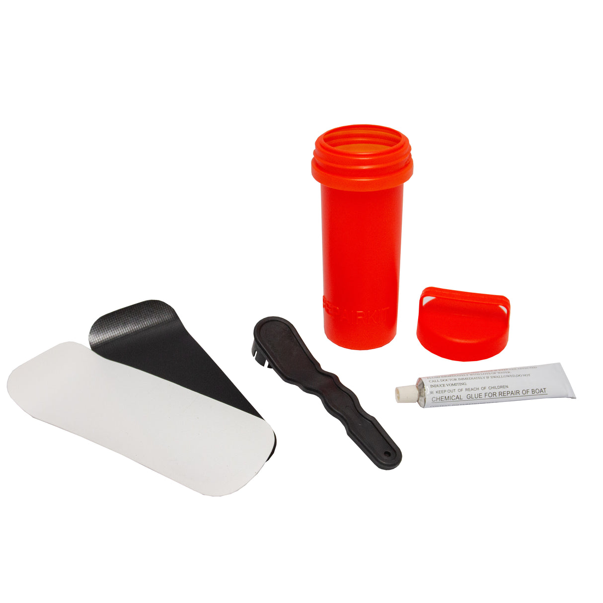 Kit di riparazione per tavola da surf SUP gonfiabile, con colla, spatole e contenitore rosso, ideale per manutenzione e riparazioni