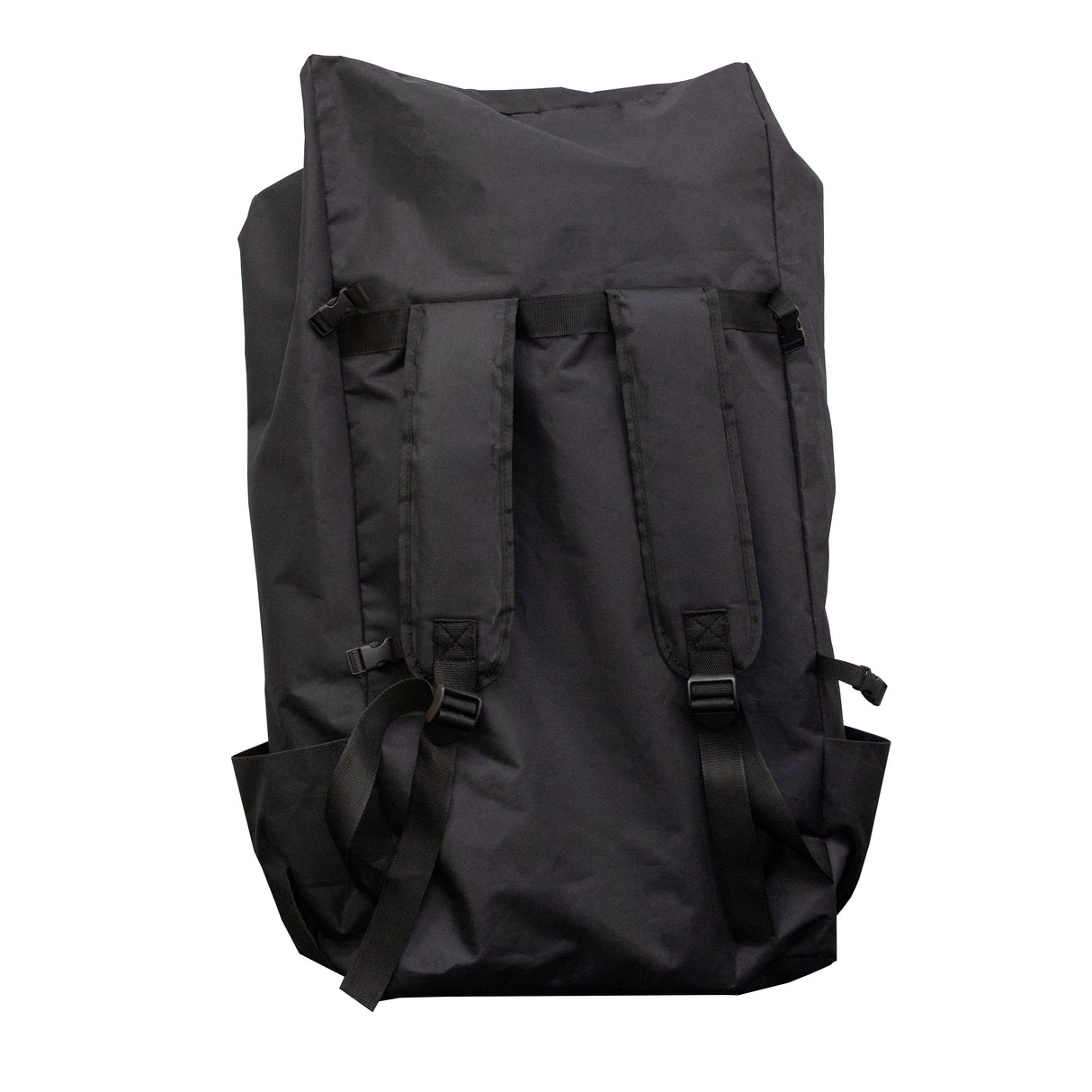 Zaino nero in tessuto resistente, con spallacci regolabili e tasche laterali, ideale per attività all'aperto e viaggi