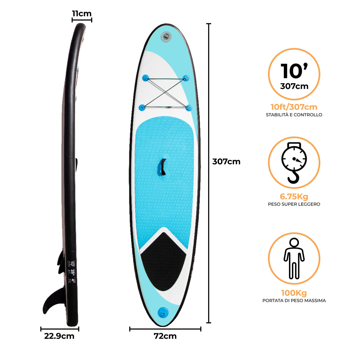 Tavola da surf SUP gonfiabile blu di 3 metri, con superficie antiscivolo, design aerodinamico e dettagli bianchi e neri