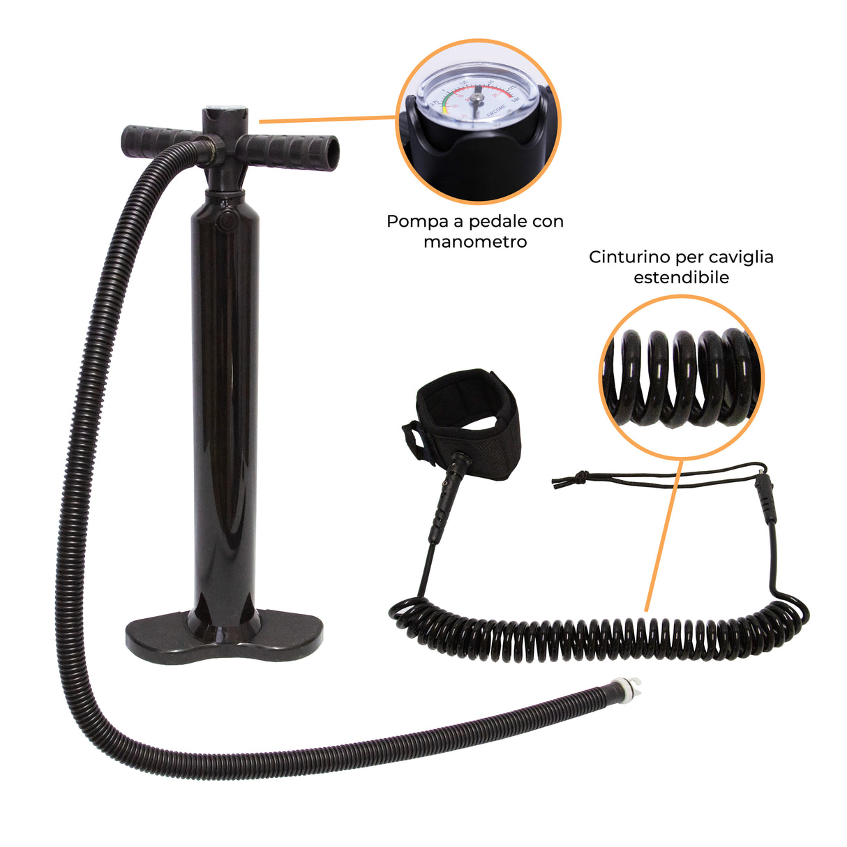 Pompa a pedale nera con manometro, cinturino per caviglia estensibile e tubo flessibile, ideale per gonfiare tavole da surf SUP