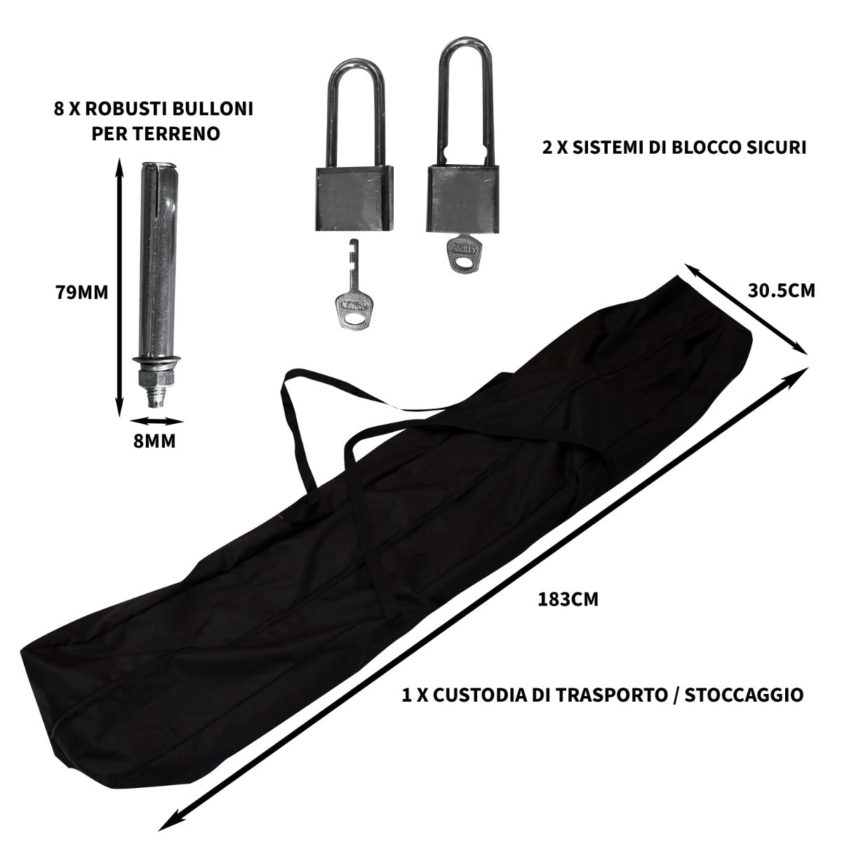 Tenda per motociclette in nylon nero, con robusti bulloni, sistemi di blocco sicuri e custodia per trasporto, dimensioni 183x30.5 cm