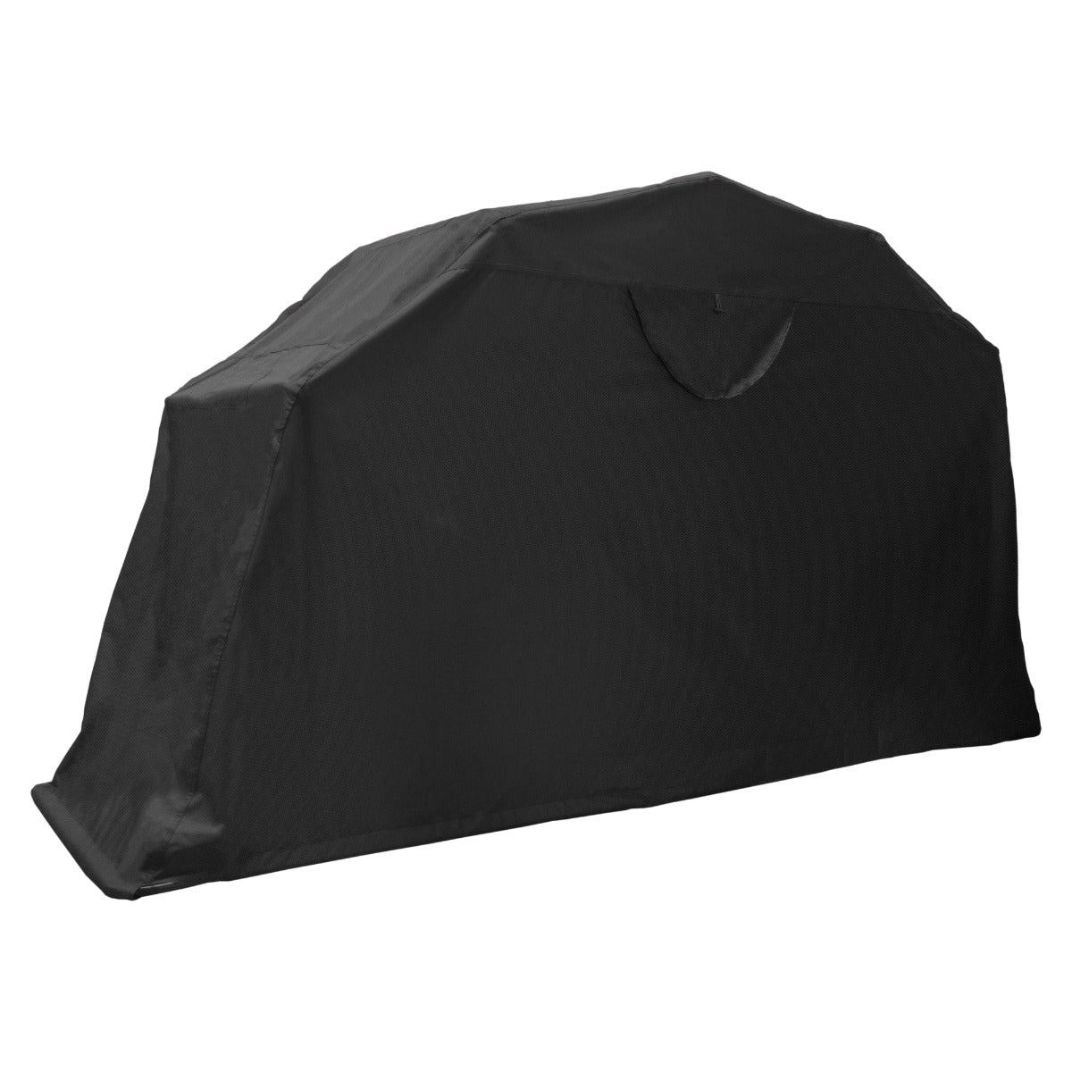 Tenda per motociclette larga di colore nero, realizzata in materiale resistente, con forma aerodinamica e superficie liscia