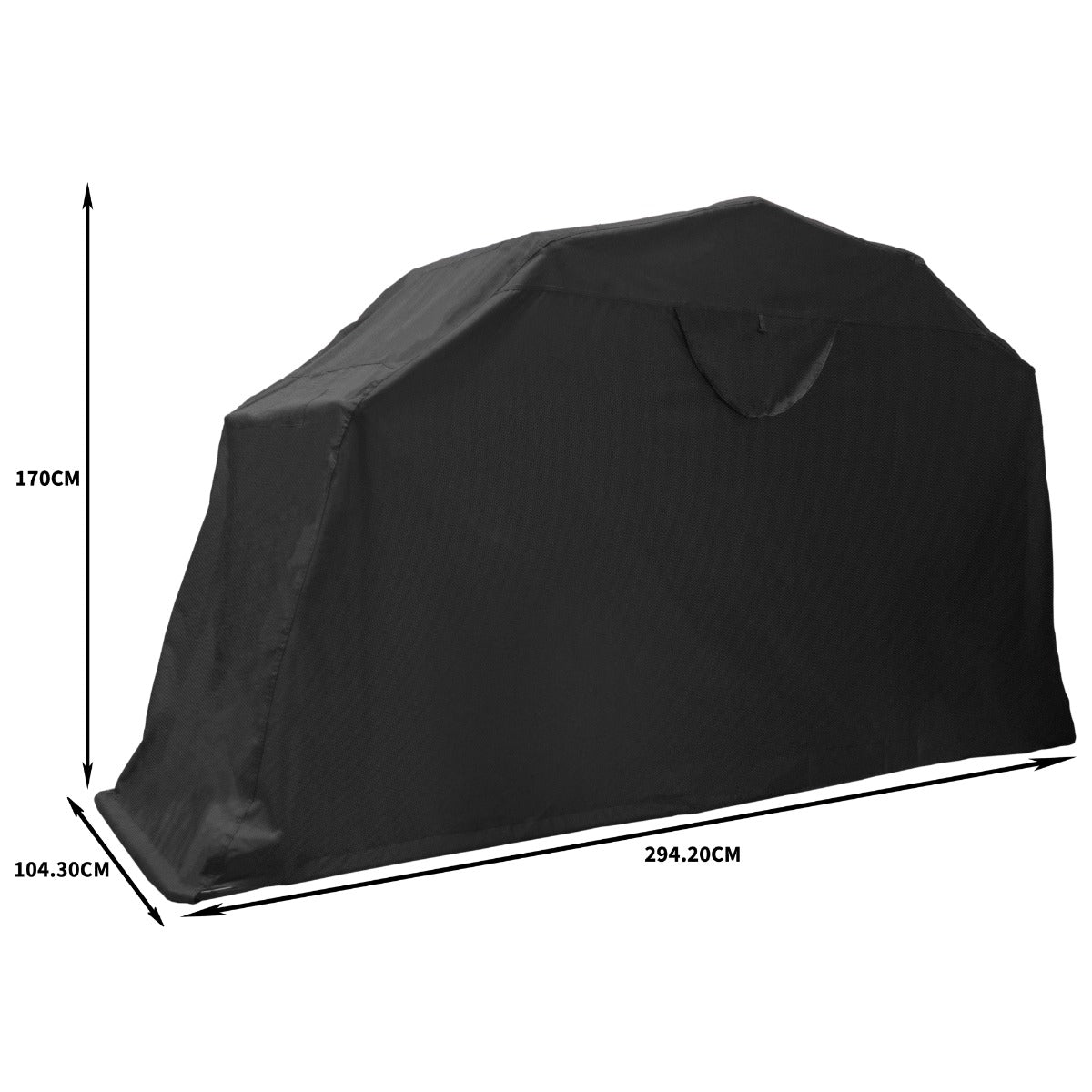 Tenda per motociclette larga di colore nero, resistente, con dimensioni di 294,20 cm x 104,30 cm x 170 cm, ideale per protezione esterna