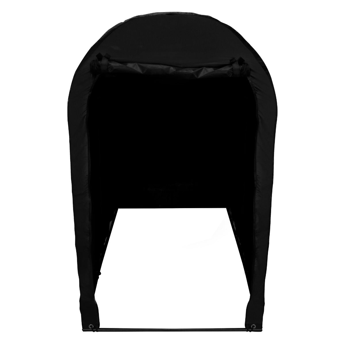 Tenda per biciclette di colore nero, con struttura arcuata e apertura frontale, realizzata in materiale resistente alle intemperie