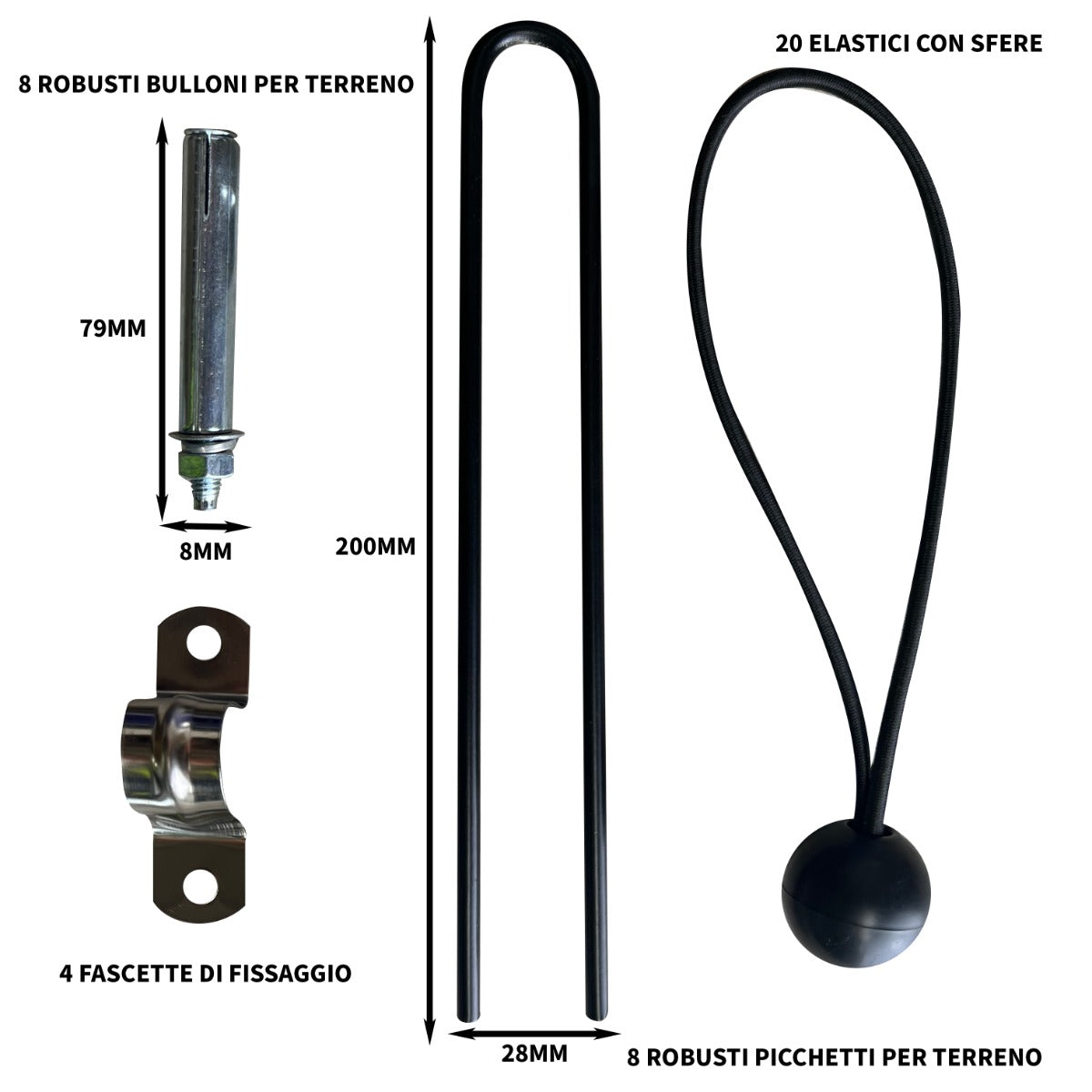 Tenda per biciclette con accessori: picchetti, bulloni, elastici e fascette, materiali resistenti, colori metallici e neri