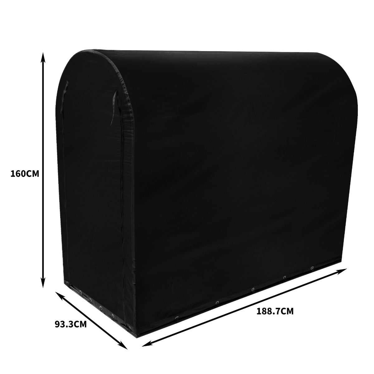 Tenda per biciclette nera, resistente e impermeabile, con forma rettangolare e dimensioni di 188,7 cm x 93,3 cm x 160 cm