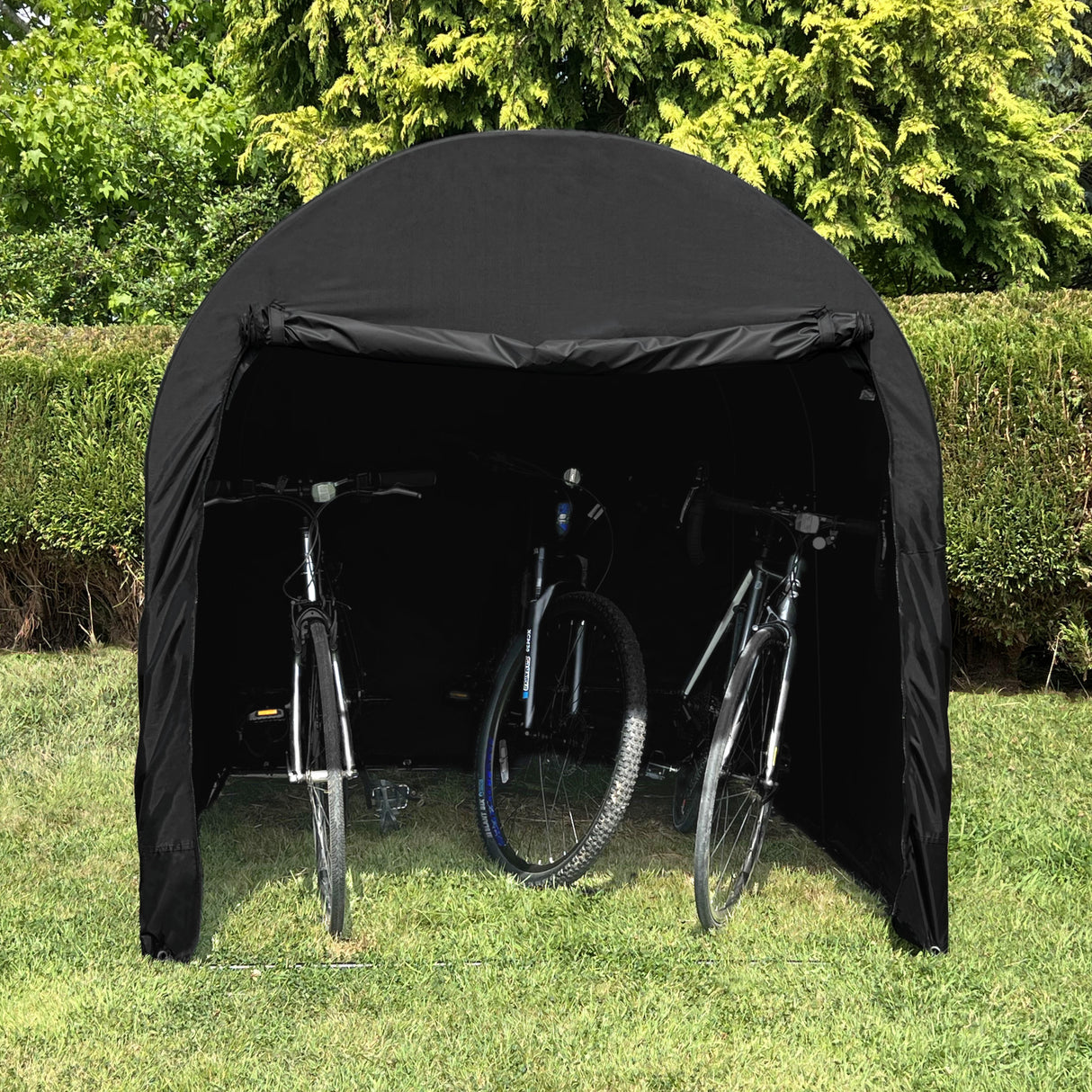 Telo di protezione per biciclette grande, di colore nero, con struttura arcuata, ideale per riparare due biciclette all'aperto