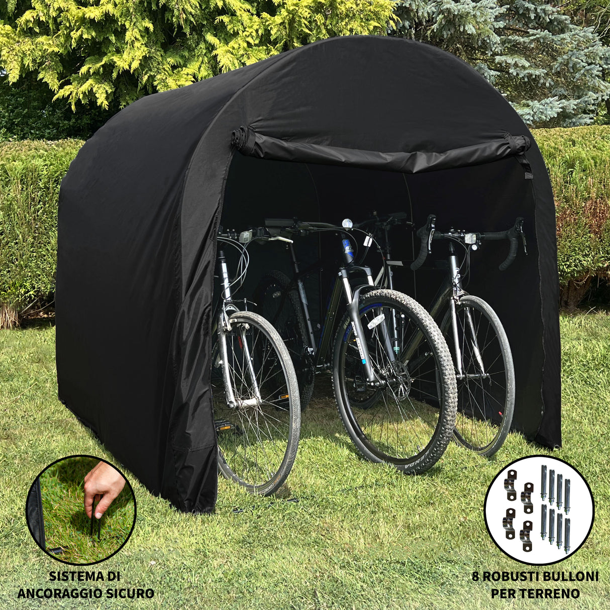 Telo di protezione per biciclette grande, colore nero, con struttura resistente e sistema di ancoraggio sicuro, adatto per esterni