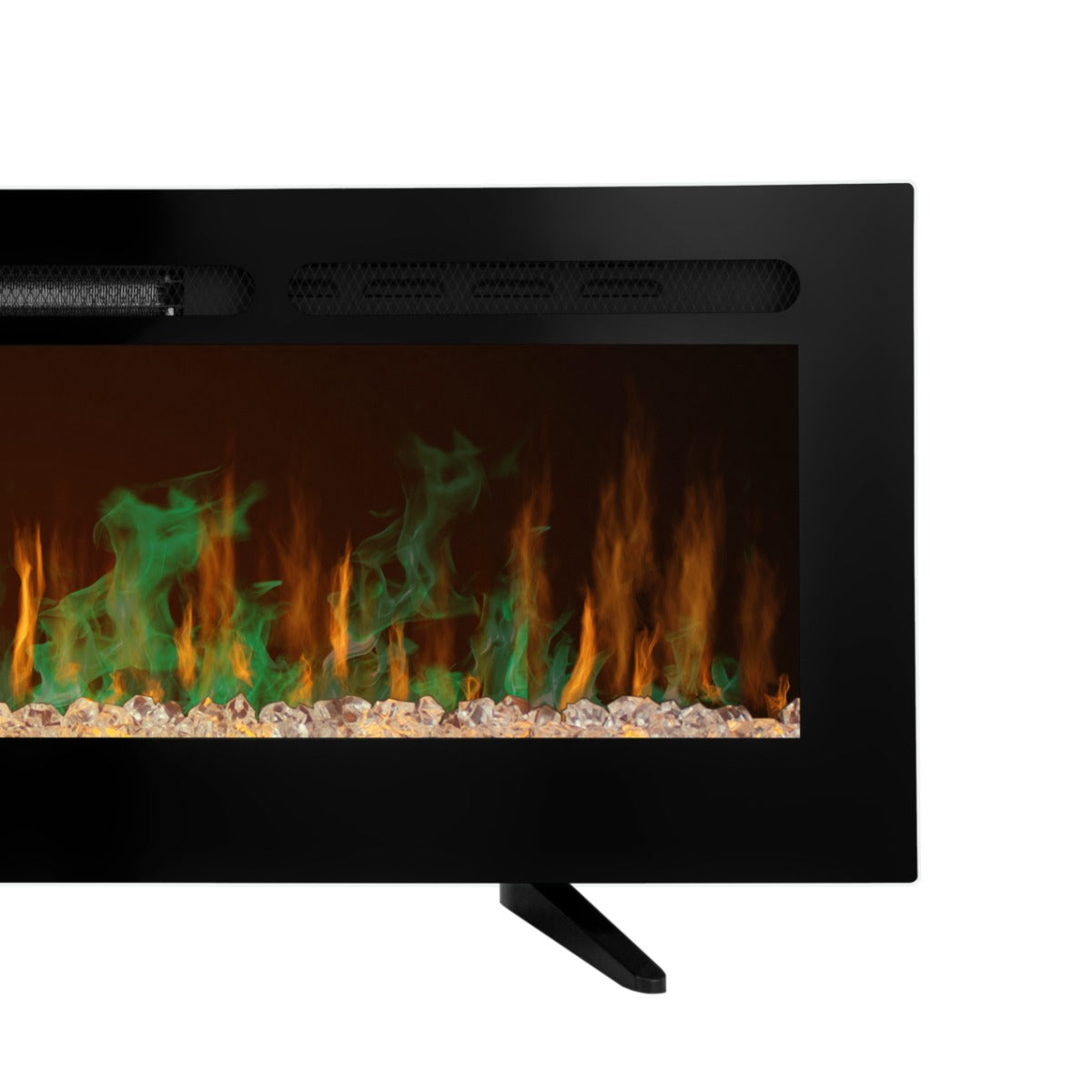 Caminetto elettrico da incasso da 60 pollici con fiamme verdi e arancioni, cornice nera elegante e base stabile in metallo