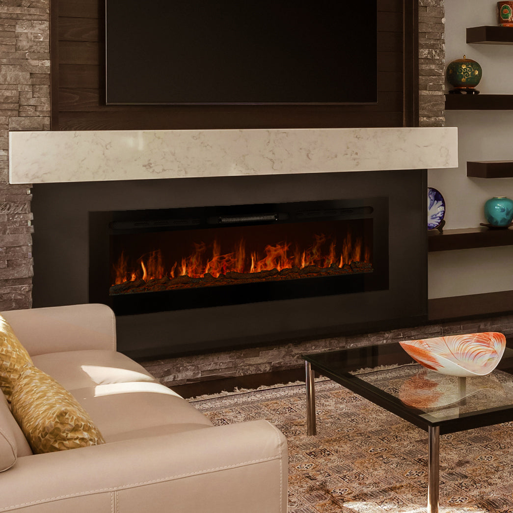 Caminetto elettrico da incasso da 60 pollici con fiamme realistiche, cornice nera, e piano in marmo bianco, arredato in un soggiorno moderno