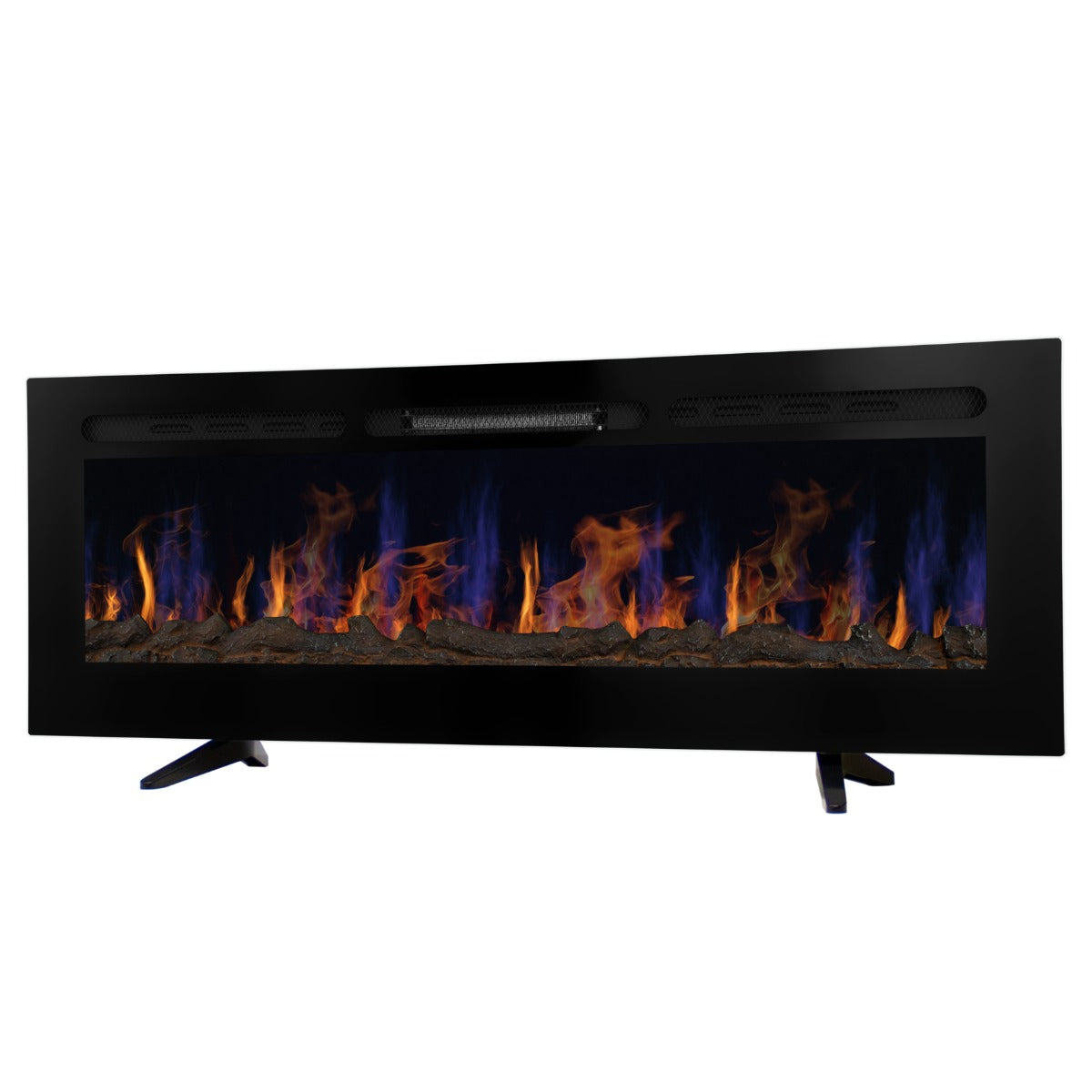 Caminetto elettrico da incasso da 60 pollici, con fiamme blu e arancioni su fondo nero, design moderno e elegante, ideale per ogni ambiente