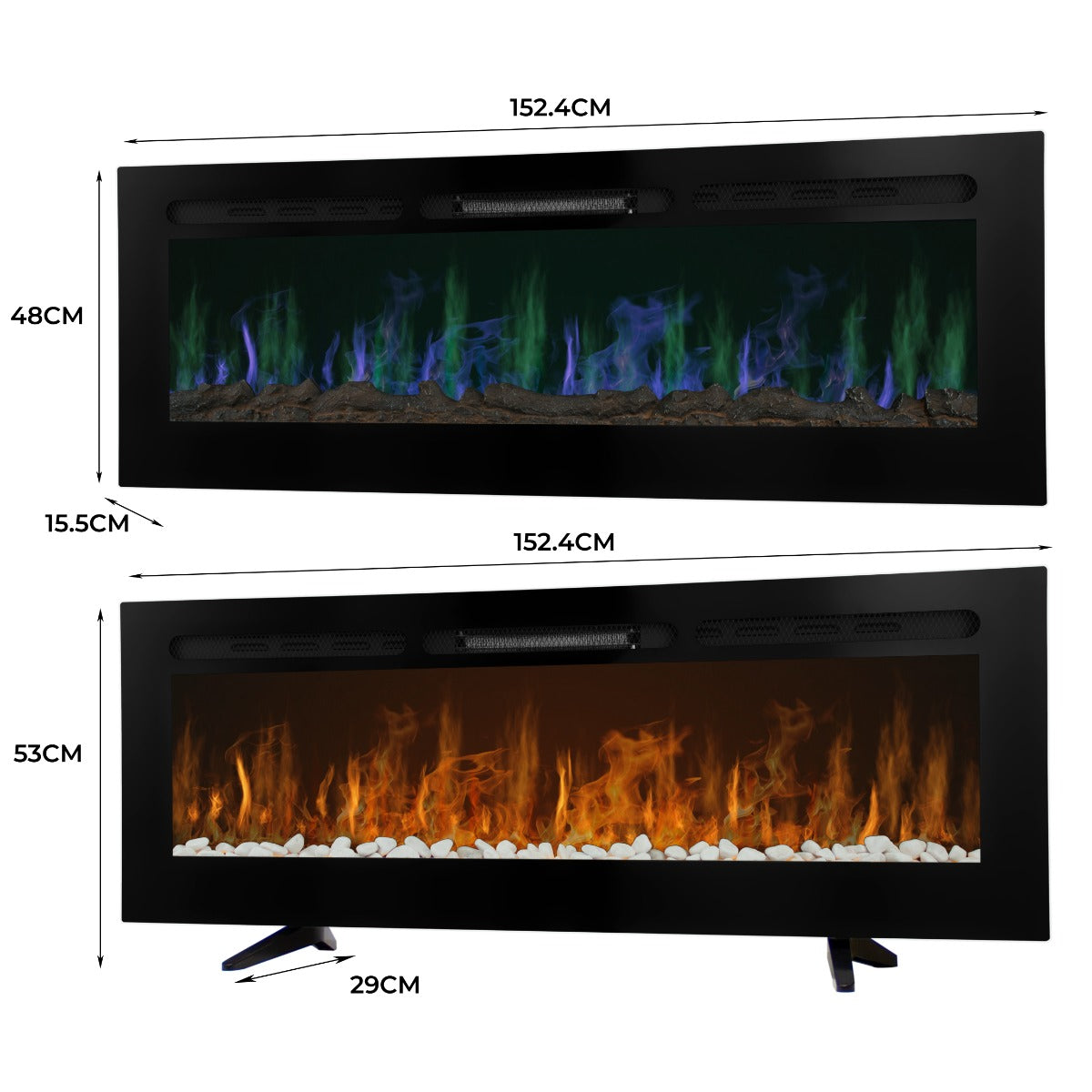 Caminetto elettrico da incasso da 60 pollici con fiamme blu e verdi, cornice nera elegante e dettagli in pietra bianca decorativa
