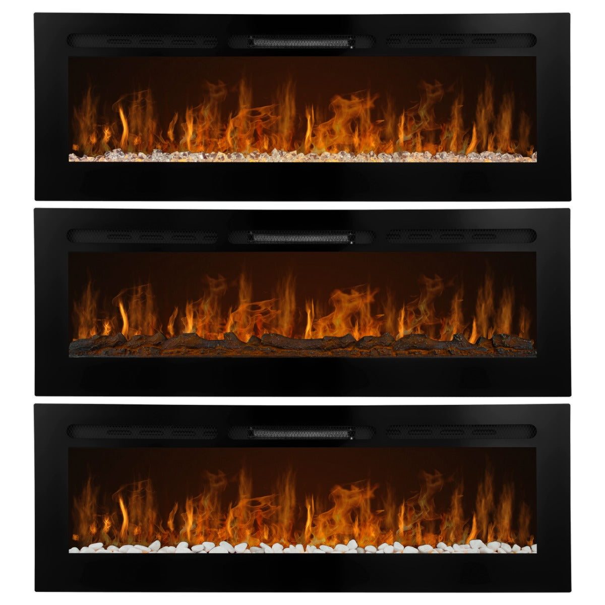 Caminetto elettrico da incasso da 60 pollici con fiamme arancioni e rosse, pietre bianche decorative e finitura nera lucida