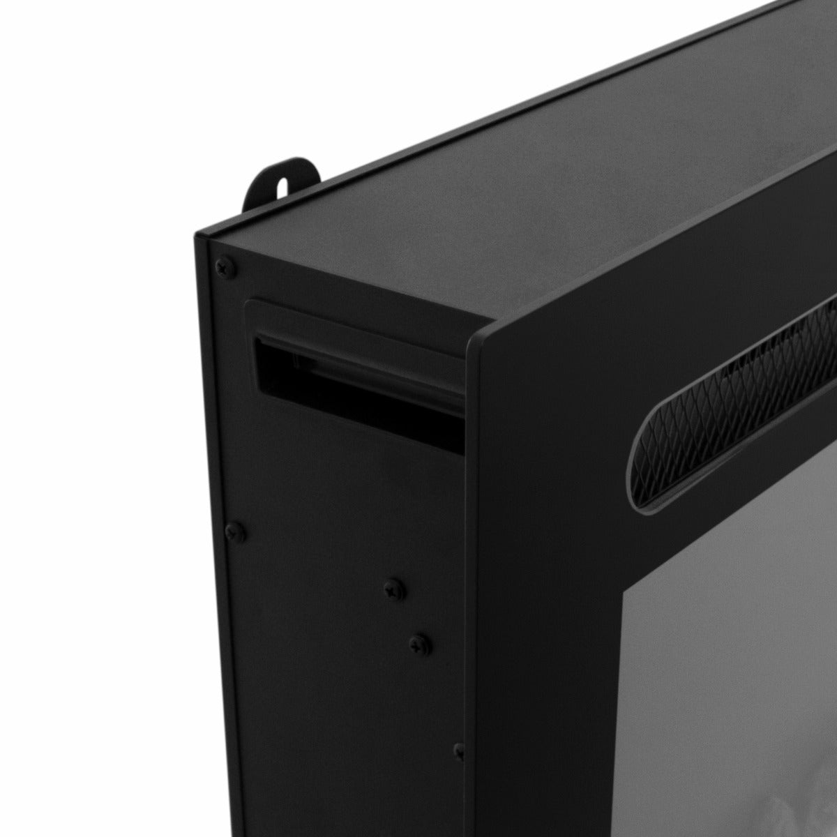 Caminetto elettrico da incasso da 60 pollici, design moderno con finitura nera opaca e vetro temperato, ideale per ambienti eleganti