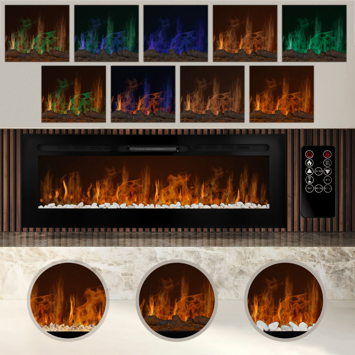 Caminetto elettrico da incasso da 60 pollici con fiamme colorate, ghiaia bianca e telecomando, design elegante e moderno