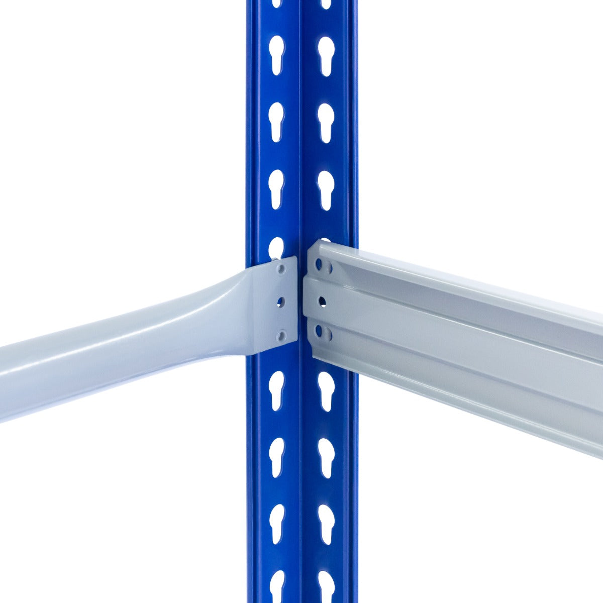 Scaffale porta pneumatici in metallo blu e grigio, con supporti robusti e fori per un facile montaggio e regolazione della struttura