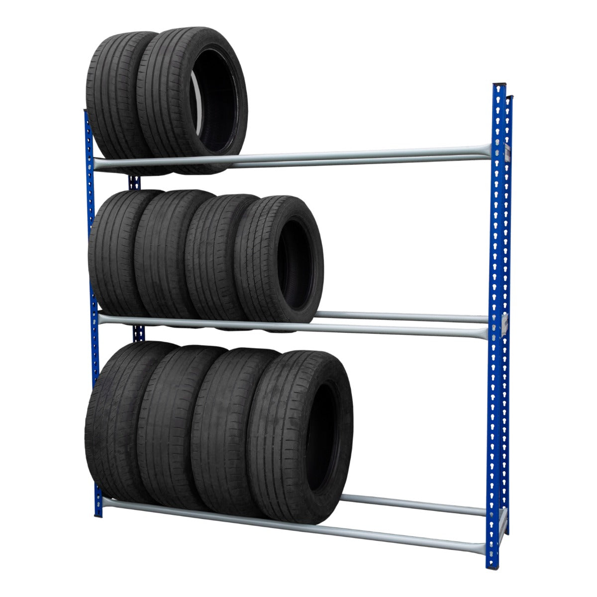 Scaffale porta pneumatici blu con tre ripiani metallici, ciascuno carico di pneumatici neri, ideale per organizzare garage e officine