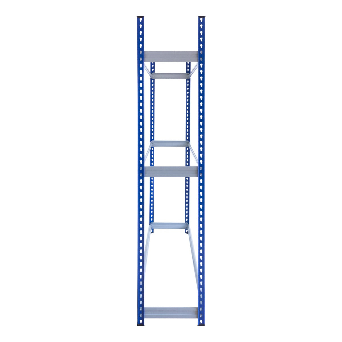 Scaffale porta pneumatici in metallo blu, con quattro ripiani regolabili, ideale per organizzare gomme e attrezzi in garage