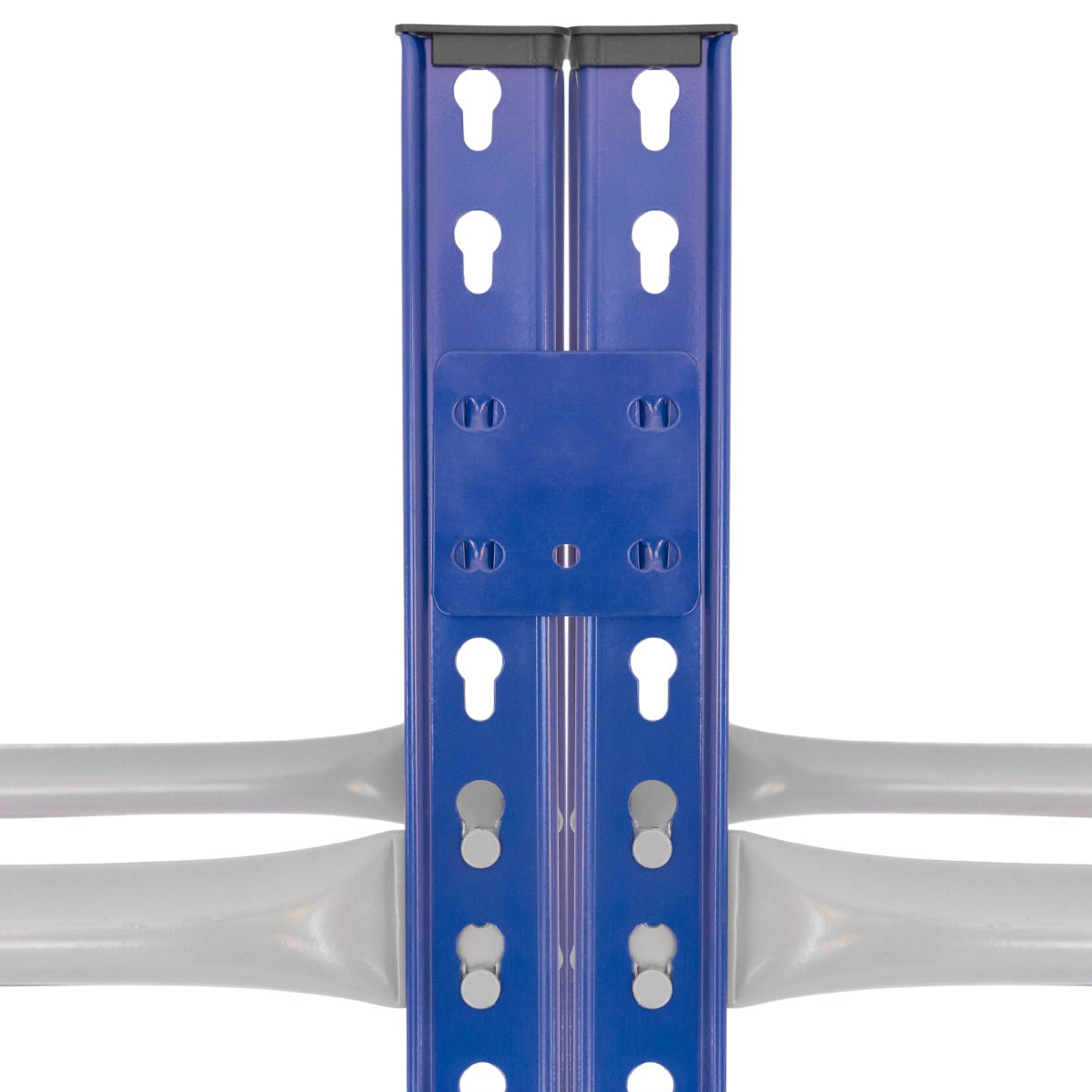 Scaffale porta pneumatici in metallo blu, con fori di fissaggio e supporti robusti per una facile organizzazione degli pneumatici