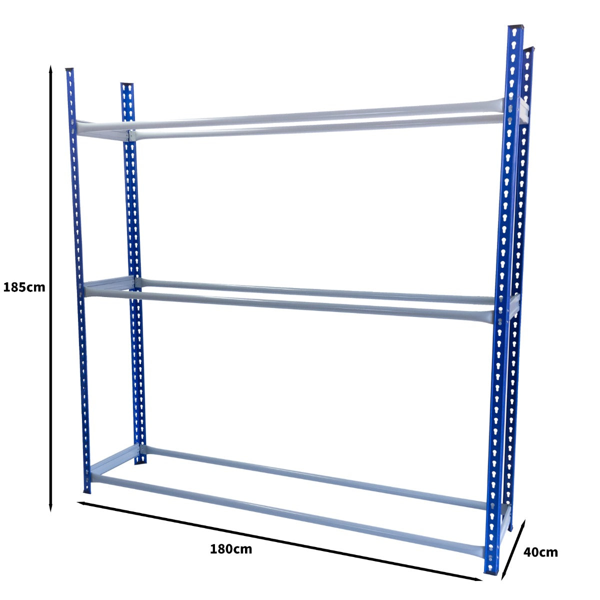 Scaffale porta pneumatici in metallo blu, con tre ripiani regolabili, dimensioni 185x180x40 cm, ideale per organizzare gomme e attrezzi