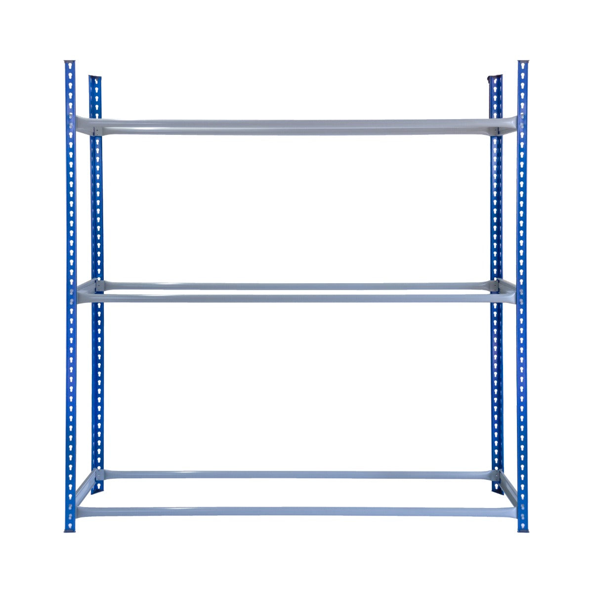 Scaffale porta pneumatici in metallo blu con quattro ripiani regolabili, ideale per organizzare e conservare pneumatici in modo ordinato
