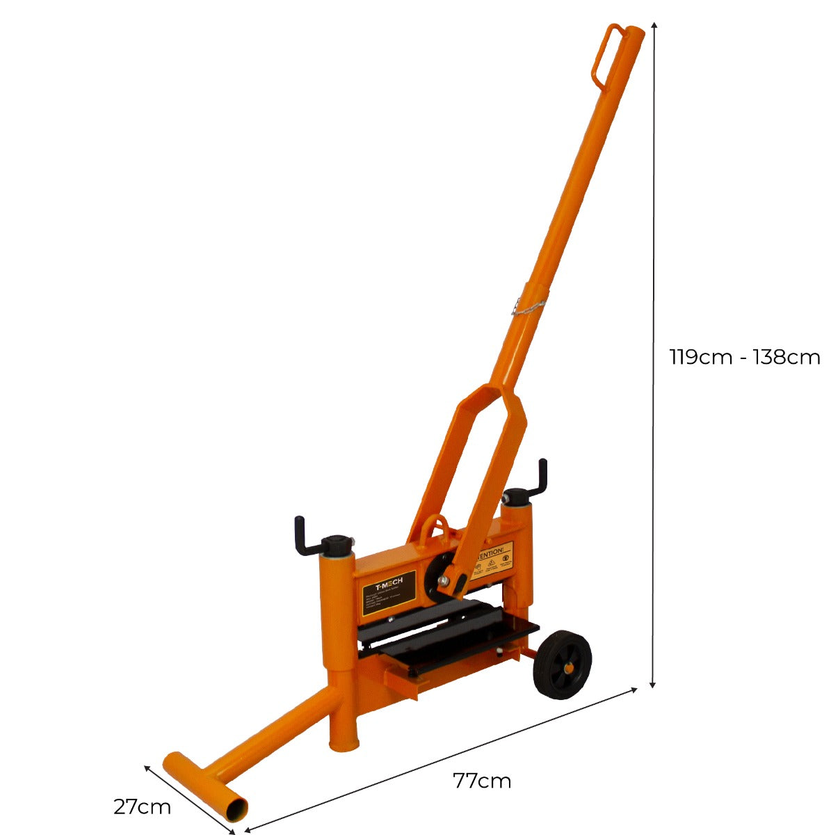 Taglia mattoni T-Mech arancione, con manico lungo, ruote e base stabile, progettato per tagli precisi e facili di mattoni