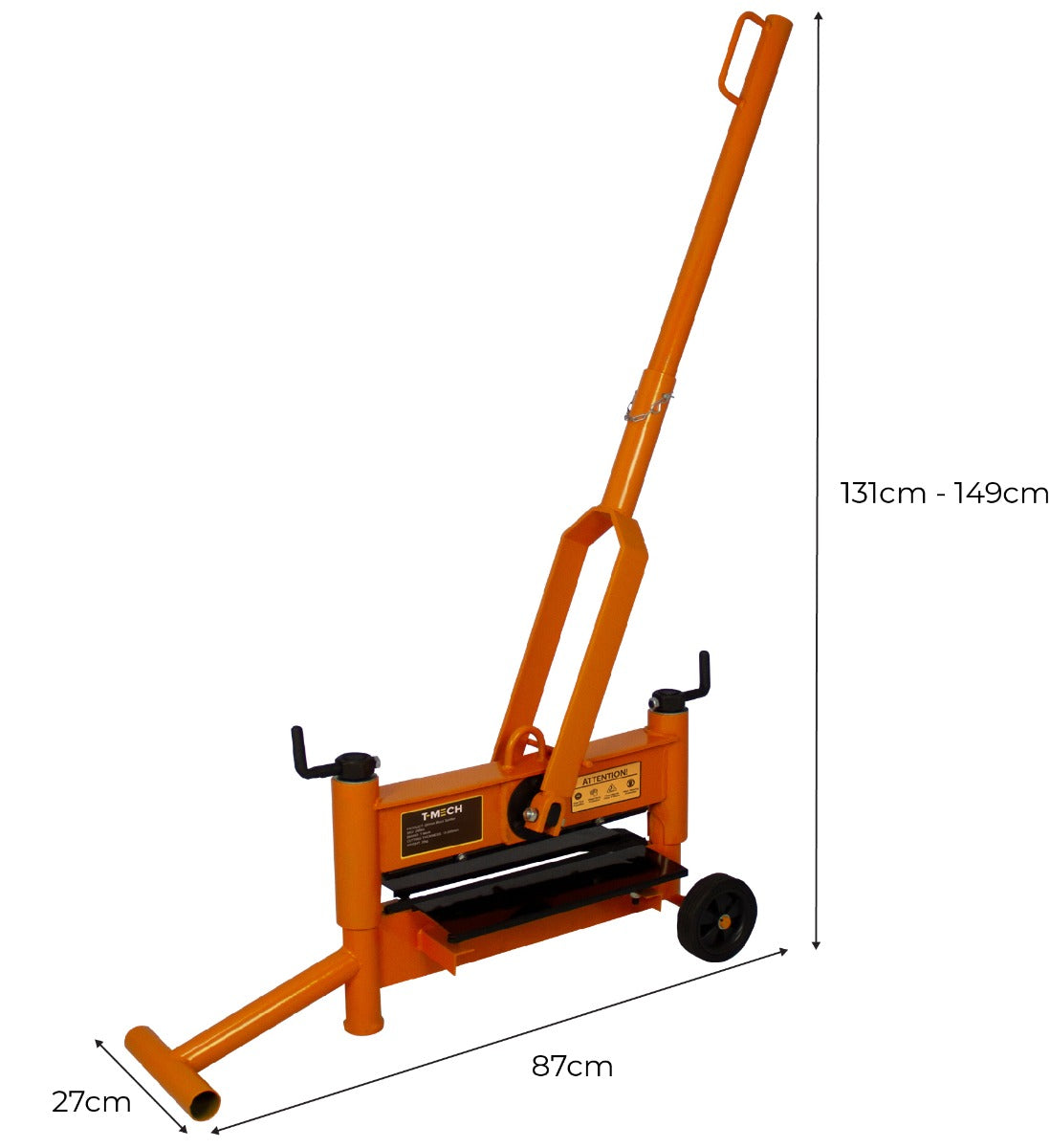 Taglia mattoni T-Mech arancione, con manico lungo, ruote e base robusta, ideale per tagliare mattoni fino a 430mm di lunghezza