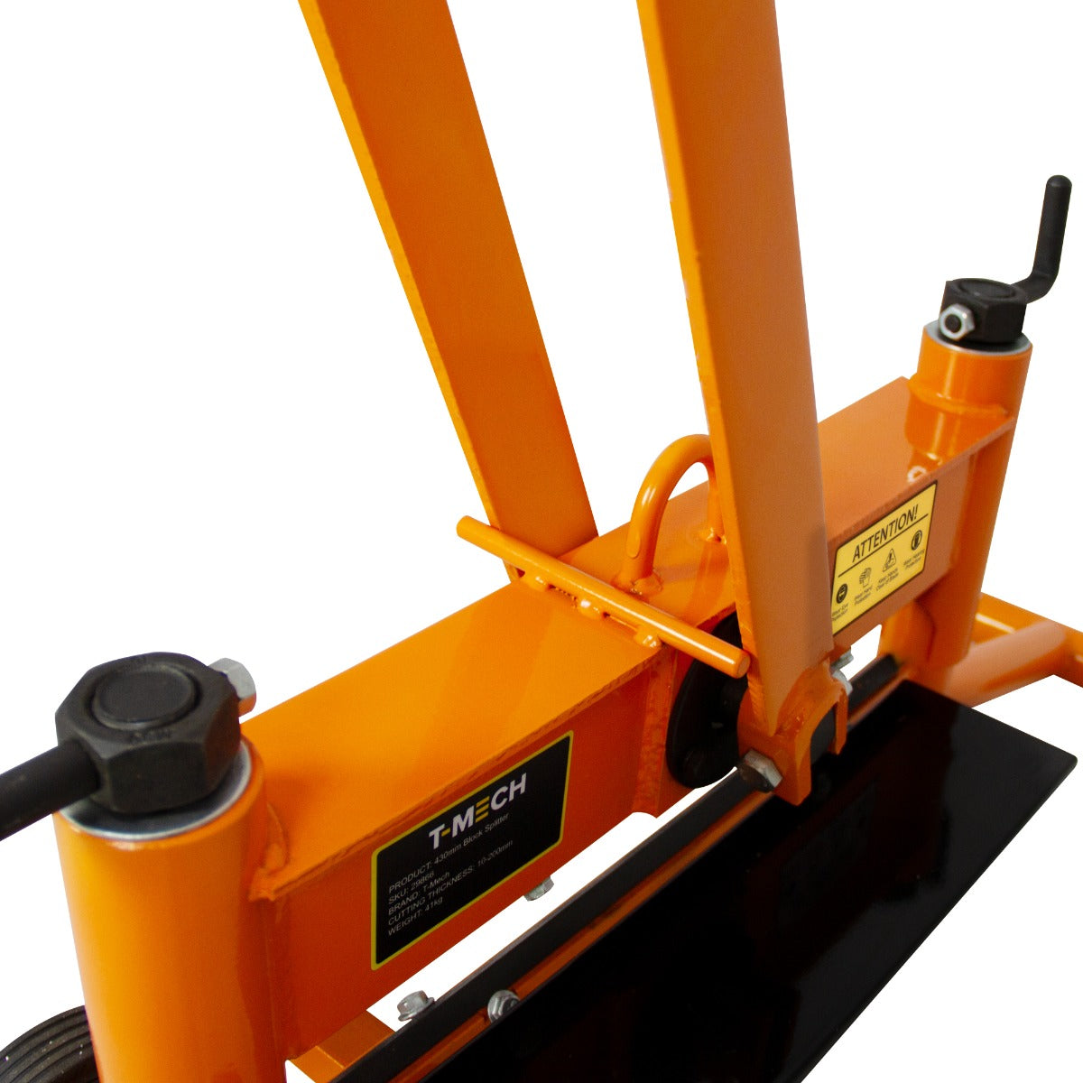 Taglia mattoni T-Mech arancione, con maniglie robuste e base nera, progettato per tagli precisi e facili su mattoni e piastrelle
