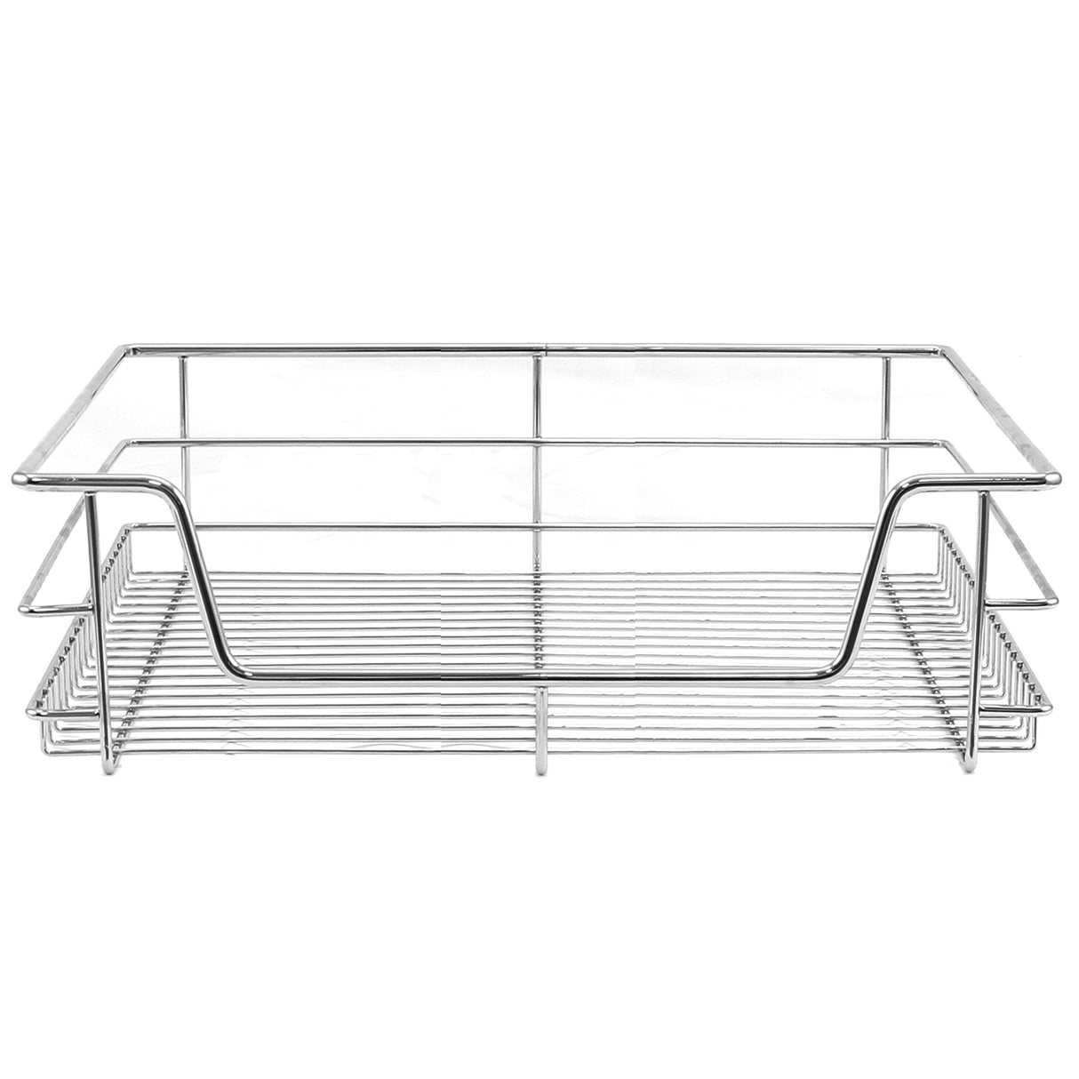 Cestello estraibile in acciaio inox lucido, con design rettangolare e griglia a maglie, ideale per organizzare la cucina