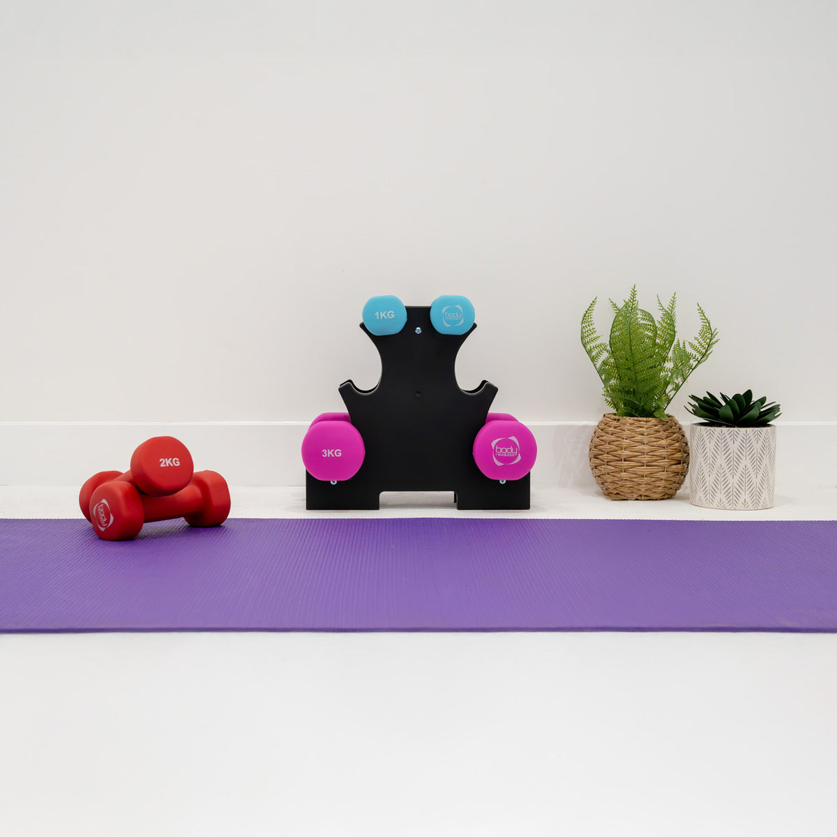 Set di manubri colorati su un tappetino viola, con un supporto nero e piante decorative in vasi bianchi e marroni