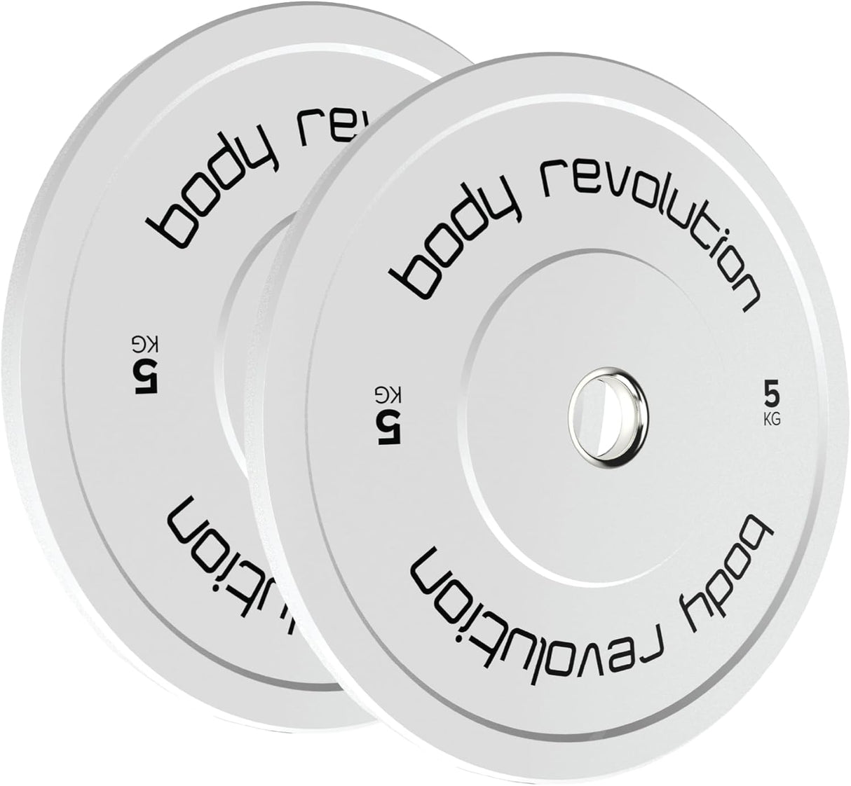 Due piastre olimpiche bumper bianche da 5 kg con scritte nere, design elegante e superficie liscia per un allenamento efficace